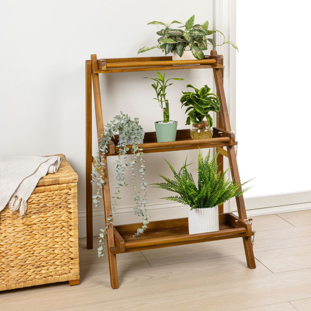 Hollis 26.5"W x 22"D x 36"H 3-Tier Acacia Wood Indoor/Outdoor Foldable Compact Freestanding Ladder Plant Stand Display Rack Shelf