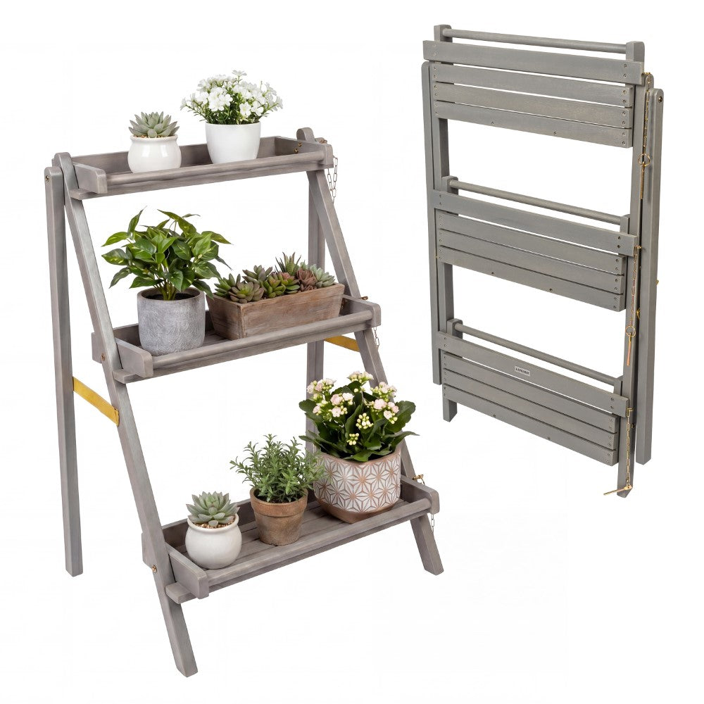 Hollis 26.5"W x 22"D x 36"H 3-Tier Acacia Wood Indoor/Outdoor Foldable Compact Freestanding Ladder Plant Stand Display Rack Shelf