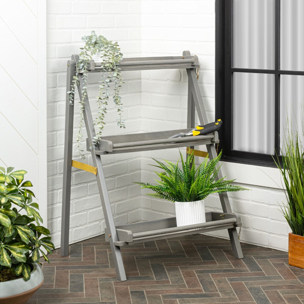 Hollis 26.5"W x 22"D x 36"H 3-Tier Acacia Wood Indoor/Outdoor Foldable Compact Freestanding Ladder Plant Stand Display Rack Shelf