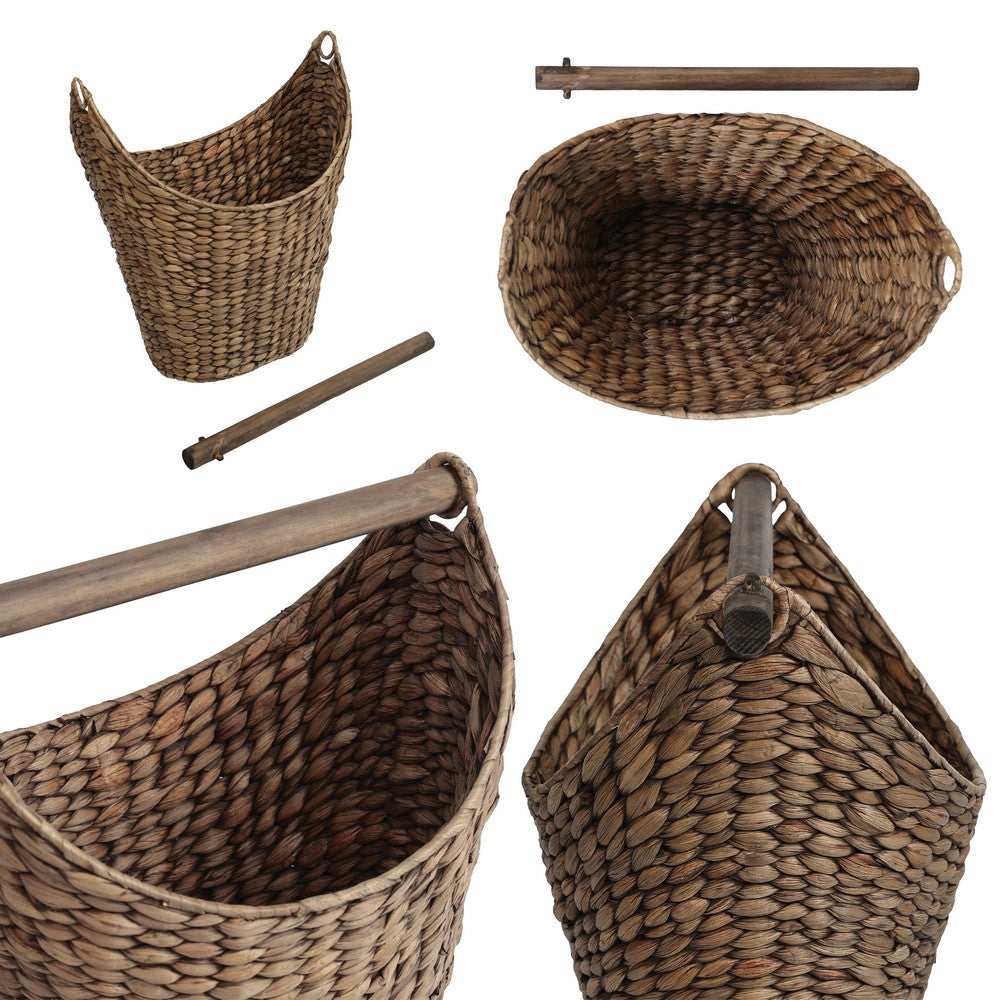 Talia Classic Coastal Hand-Woven Water Hyacinth Toilet Paper Basket with Wood Bar