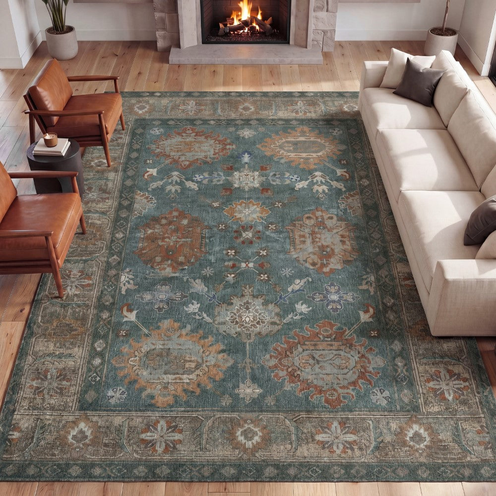 Maplecrest Oushak Style Distressed Border Non-slip Machine-washable Area Rug