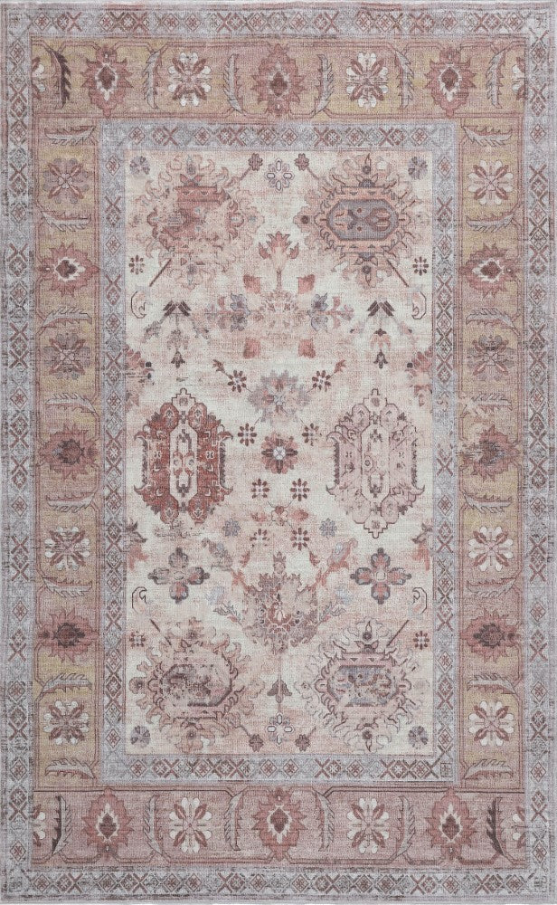 Maplecrest Oushak Style Distressed Border Non-slip Machine-washable Area Rug