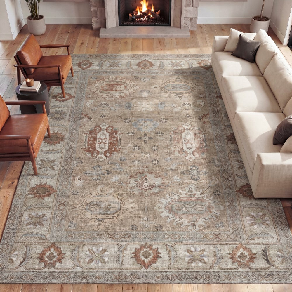 Maplecrest Oushak Style Distressed Border Non-slip Machine-washable Area Rug