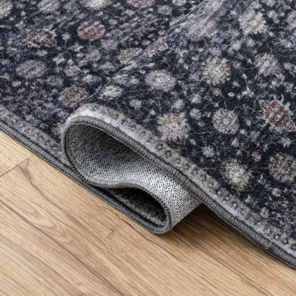Pinehollow Distressed All-over Floral Border Non-slip Machine-washable Area Rug