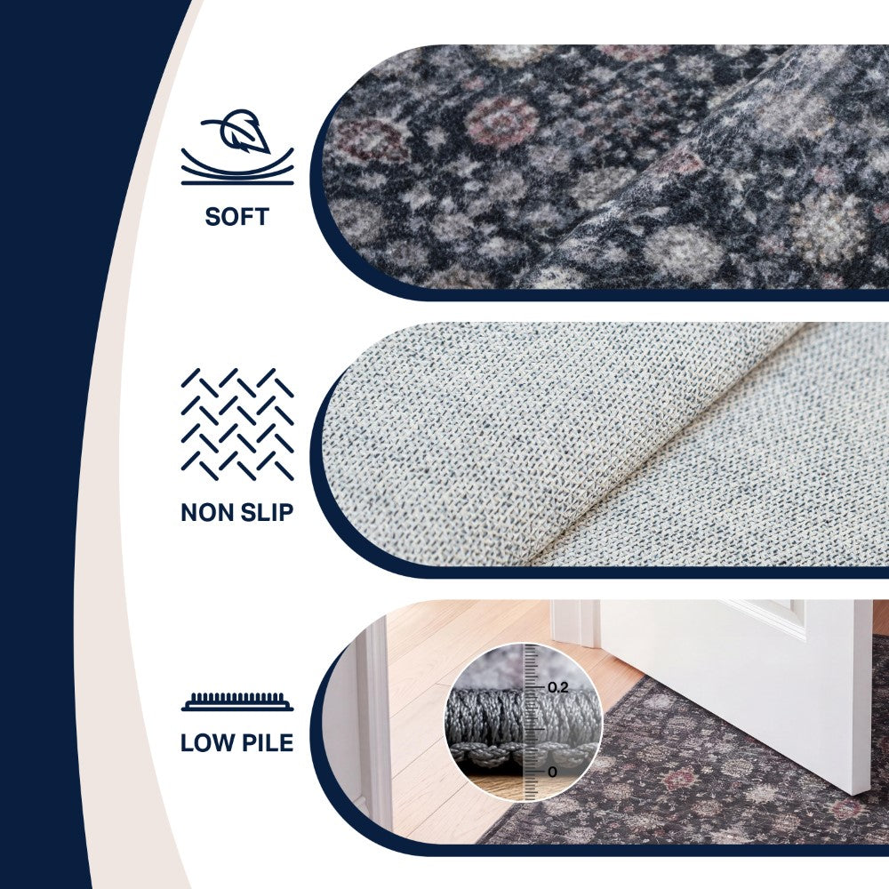 Pinehollow Distressed All-over Floral Border Non-slip Machine-washable Area Rug