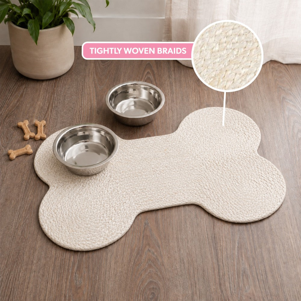 Petzi 24 in. x 16 in. Rustic Bone Shaped Hand Braided Natural Jute Pet Feeding Mat