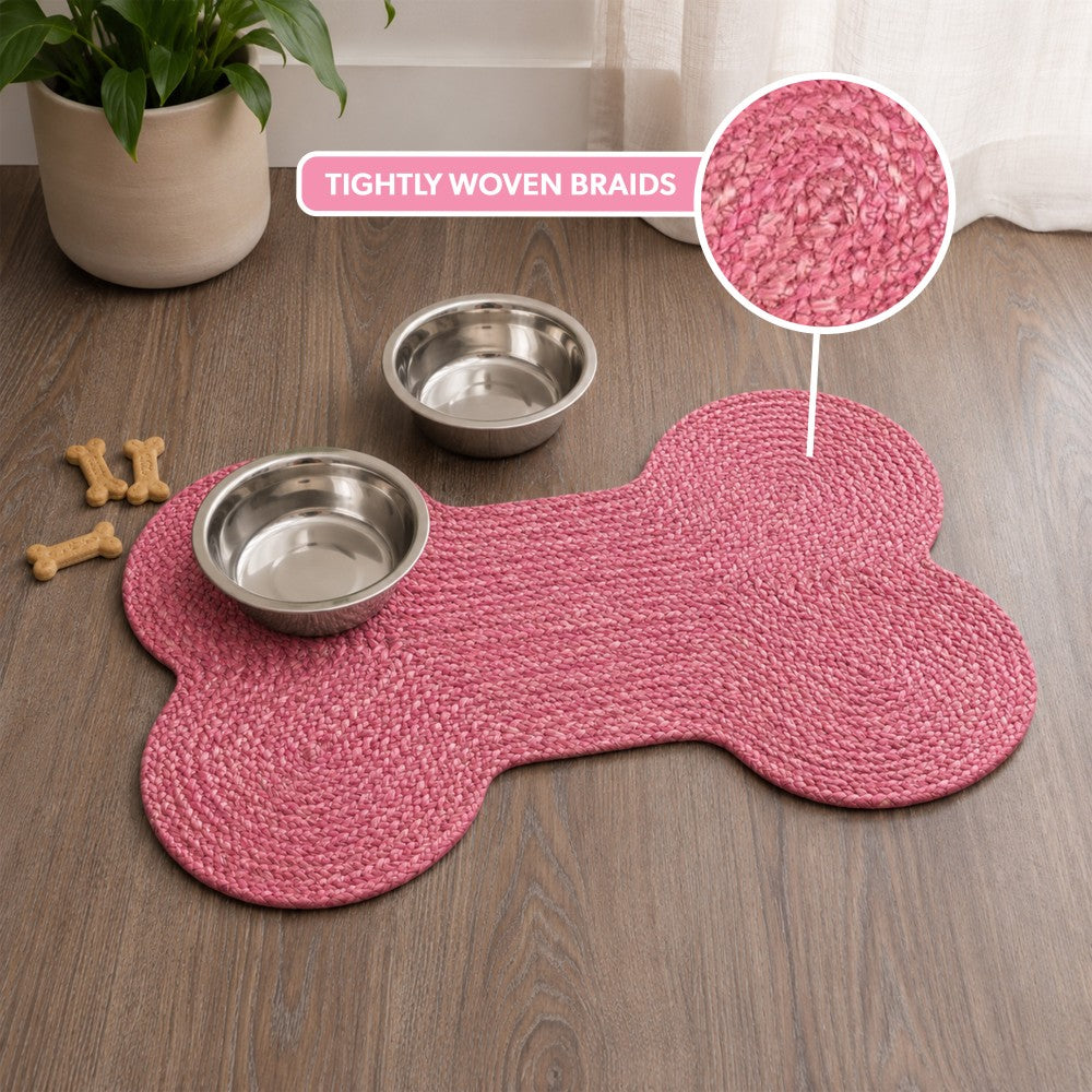 Petzi 24 in. x 16 in. Rustic Bone Shaped Hand Braided Natural Jute Pet Feeding Mat