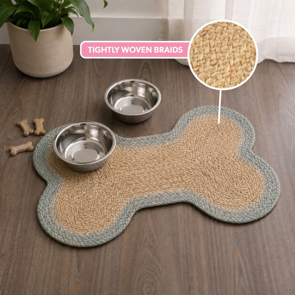 Petzi 24 in. x 16 in. Rustic Bone Shaped Hand Braided Natural Jute Pet Feeding Mat