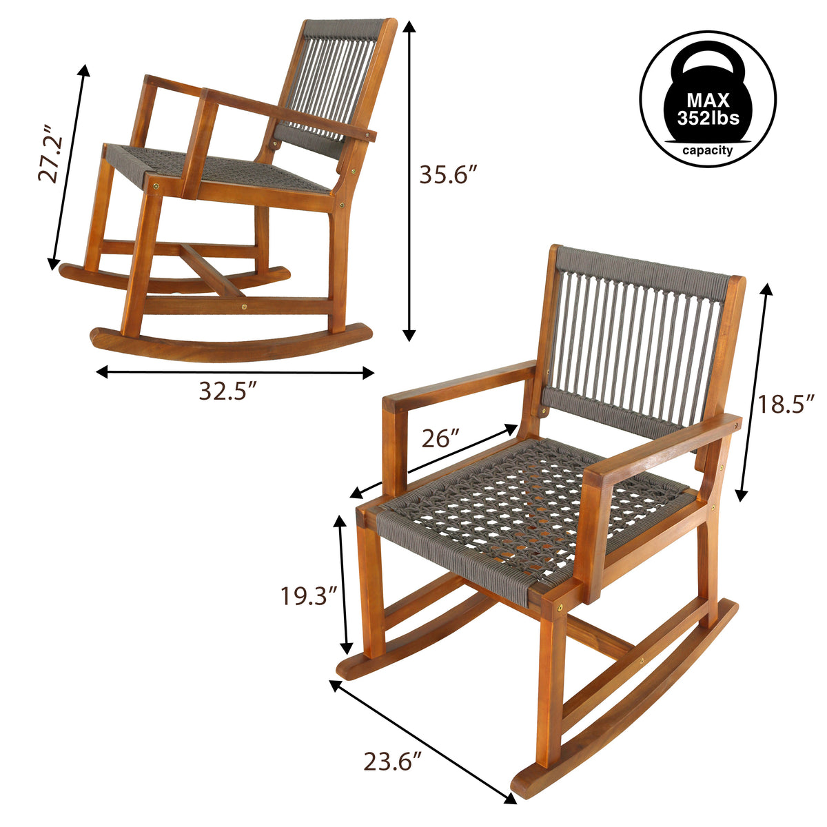 Navion Coastal Casual 352-LBS Support Acacia Wood and Woven Rope Outdoor Rocking Chair