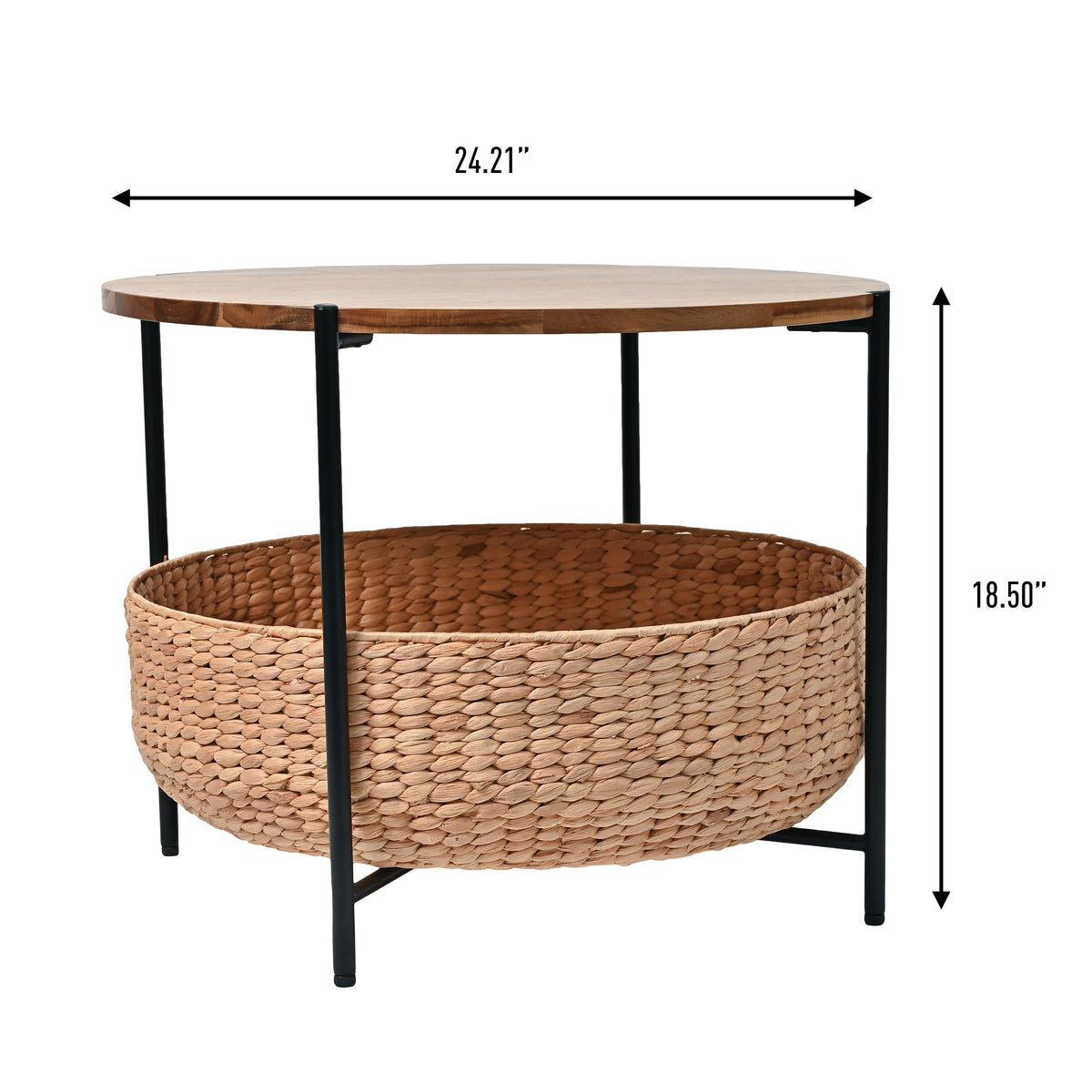 Carly 24.21" Modern Coastal Round Acacia Wood/Water Hyacinth Coffee Table with Storage Basket