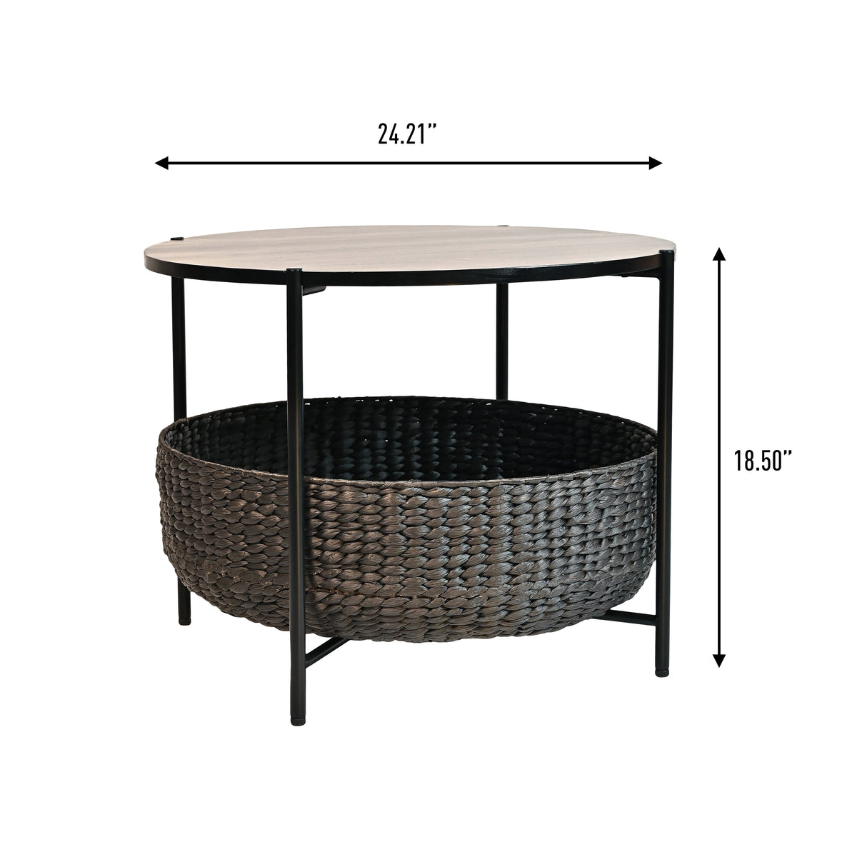 Carly 24.21" Modern Coastal Round Acacia Wood/Water Hyacinth Coffee Table with Storage Basket
