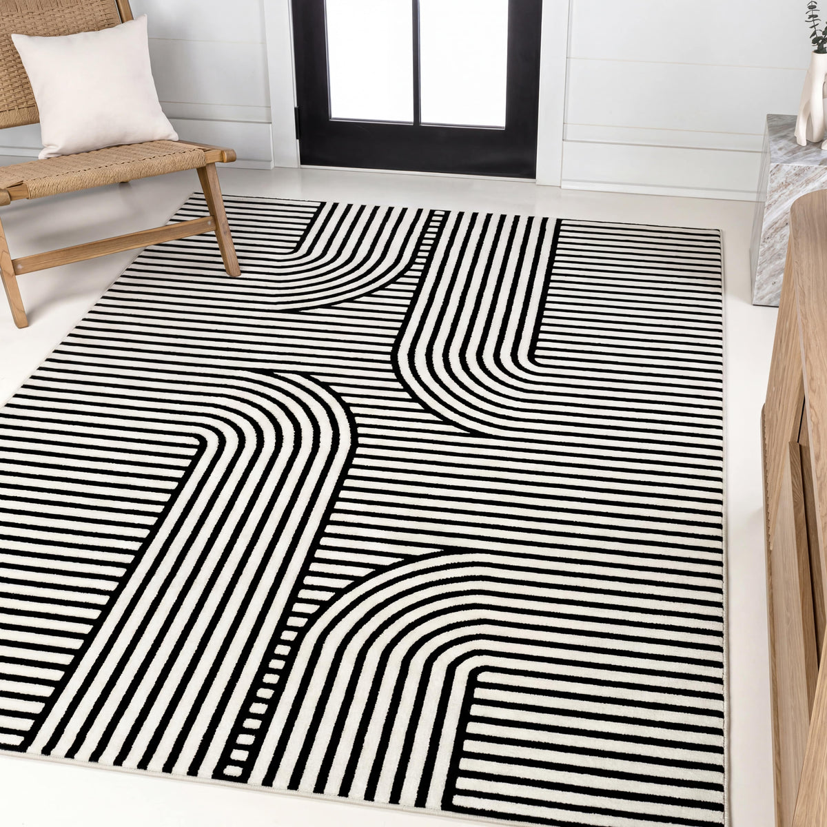 Verde High-Low MidCentury Modern Arch Stripe Two-Tone Indoor/Outdoor Area Rug