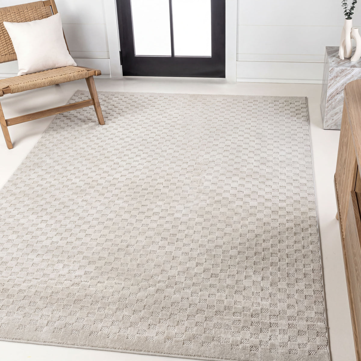 Tartan High-Low Modern Minimalist Checkered Monotone Indoor/Outdoor Area Rug