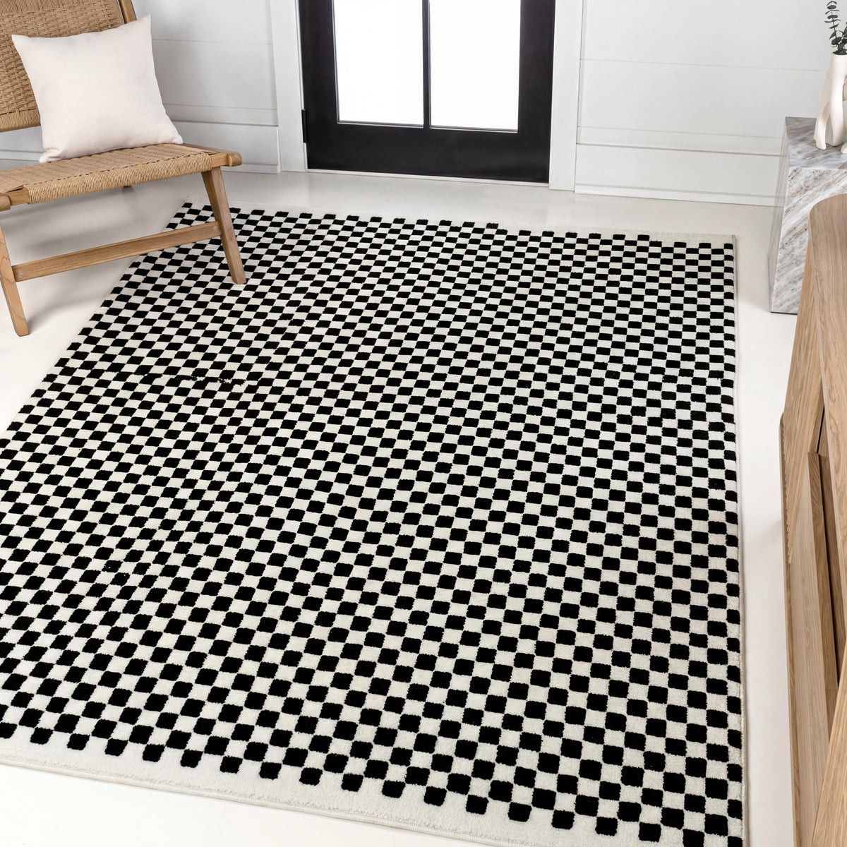 Tartan High-Low Modern Minimalist Checkered Monotone Indoor/Outdoor Area Rug