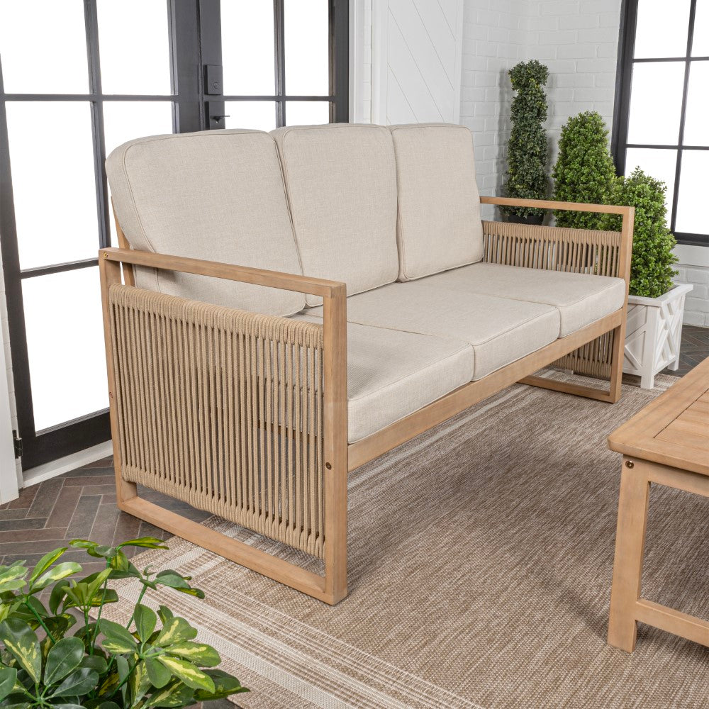 Rattler 3-Seat Mid-Century Modern Roped Acacia Wood Outdoor Sofa with Cushions