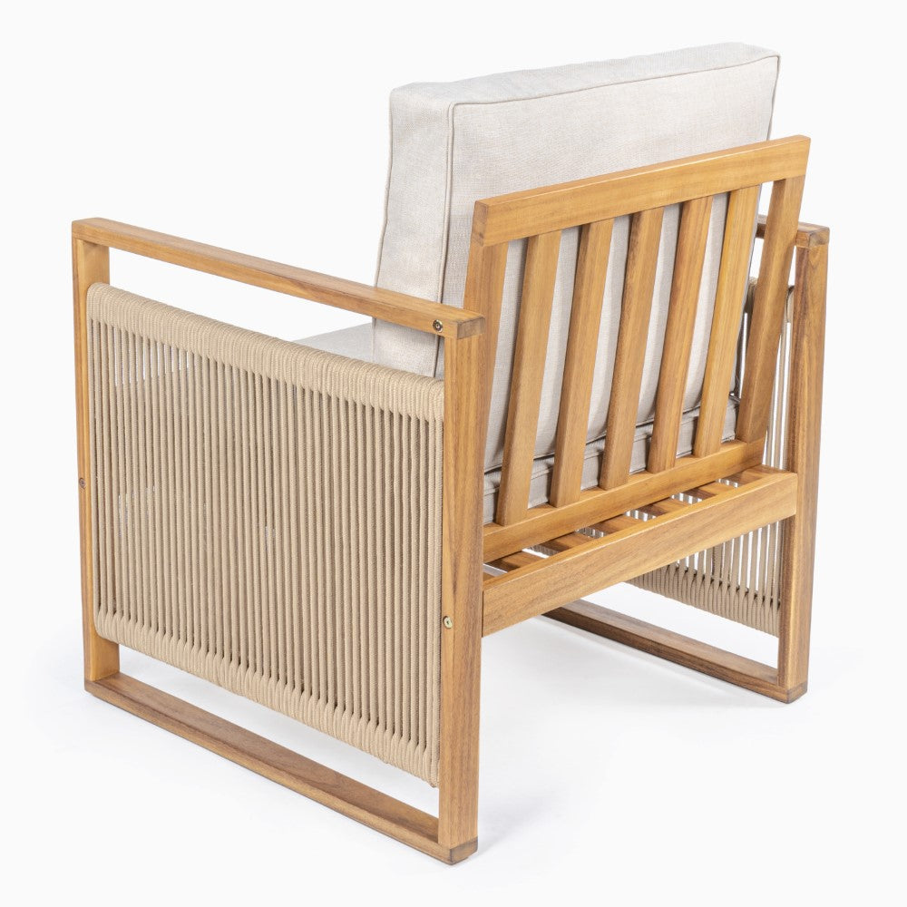 Noble Mid-Century Modern Roped Acacia Wood Outdoor Patio Chair with Cushions Set 2