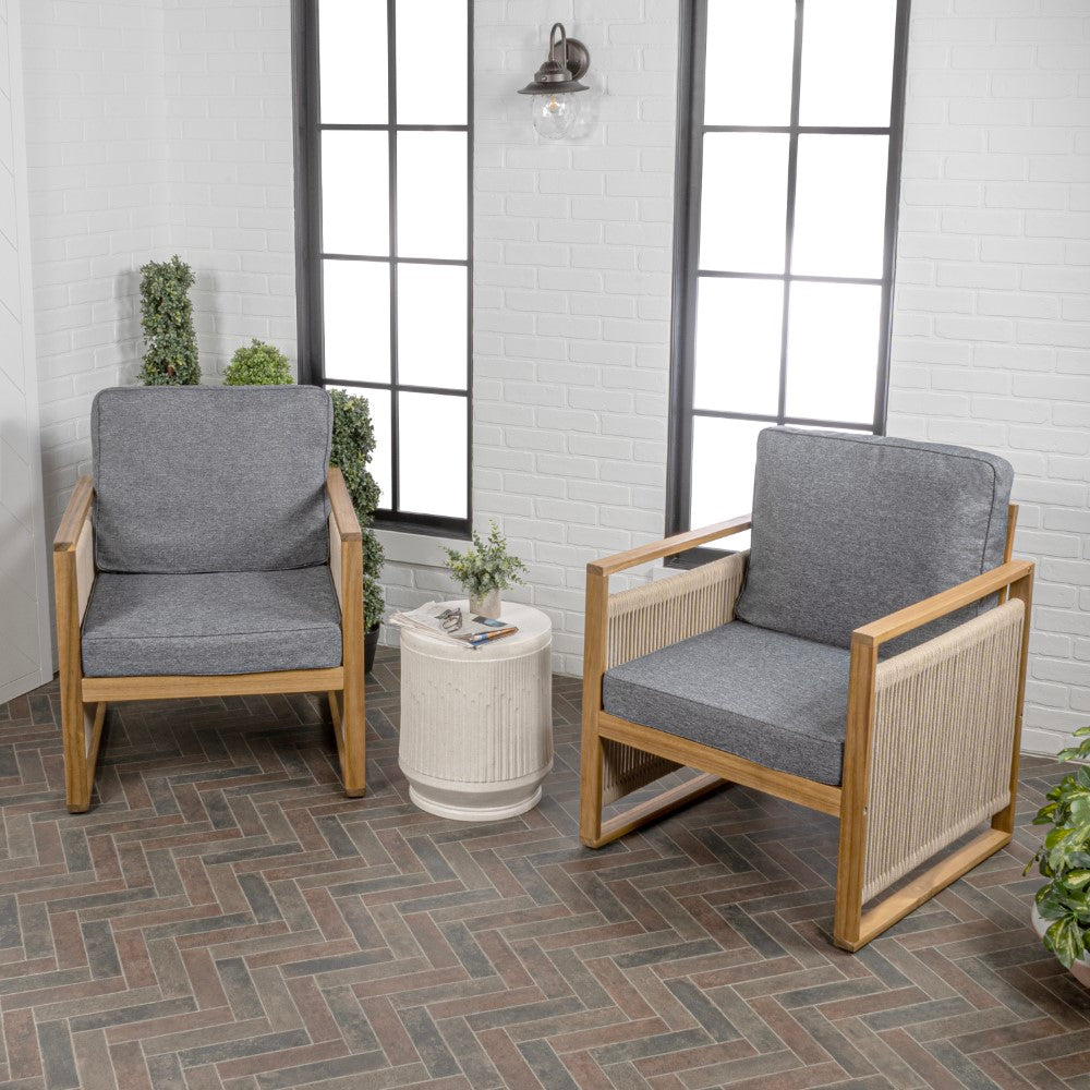 Noble Mid-Century Modern Roped Acacia Wood Outdoor Patio Chair with Cushions Set 2