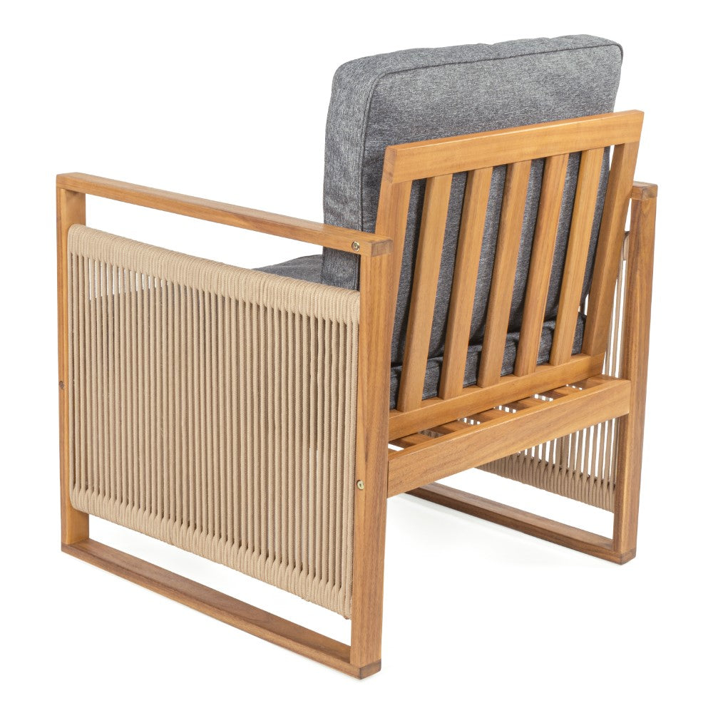 Noble Mid-Century Modern Roped Acacia Wood Outdoor Patio Chair with Cushions Set 2