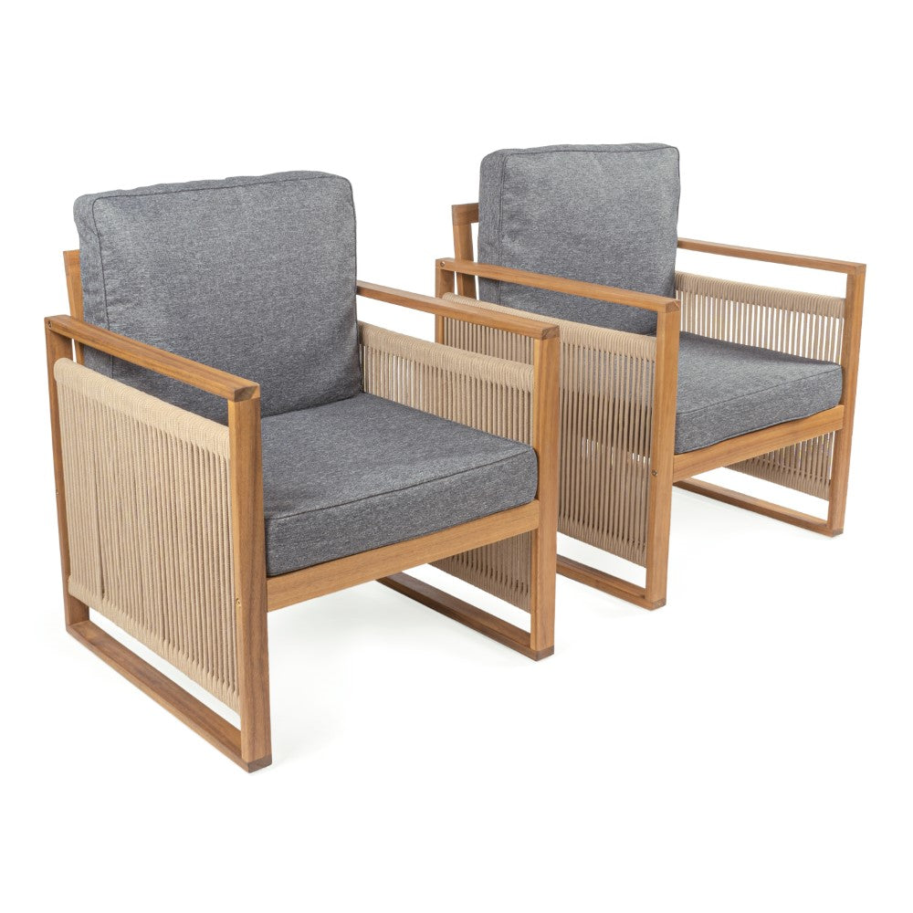 Noble Mid-Century Modern Roped Acacia Wood Outdoor Patio Chair with Cushions Set 2