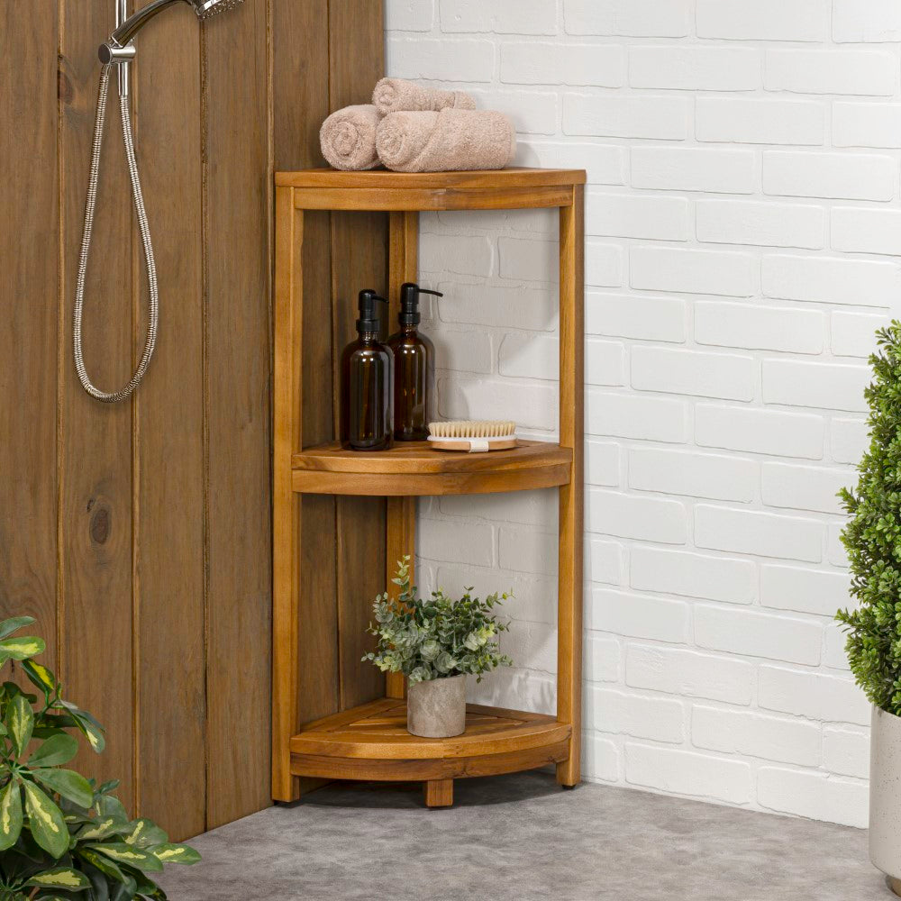 Tera 33" Classic Minimalist 3-Tier Acacia Wood Freestanding Bathroom Corner Shelf