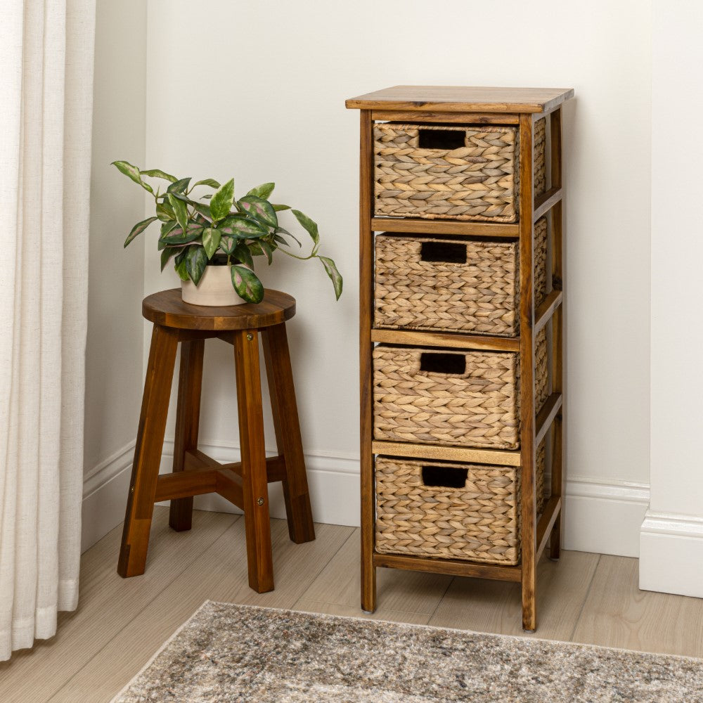 Lindenra 33.5 in. H Coastal Bohemian Handcrafted Acacia Wood 4-Tier Storage Cabinet with 4 Water Hyacinth Woven Baskets