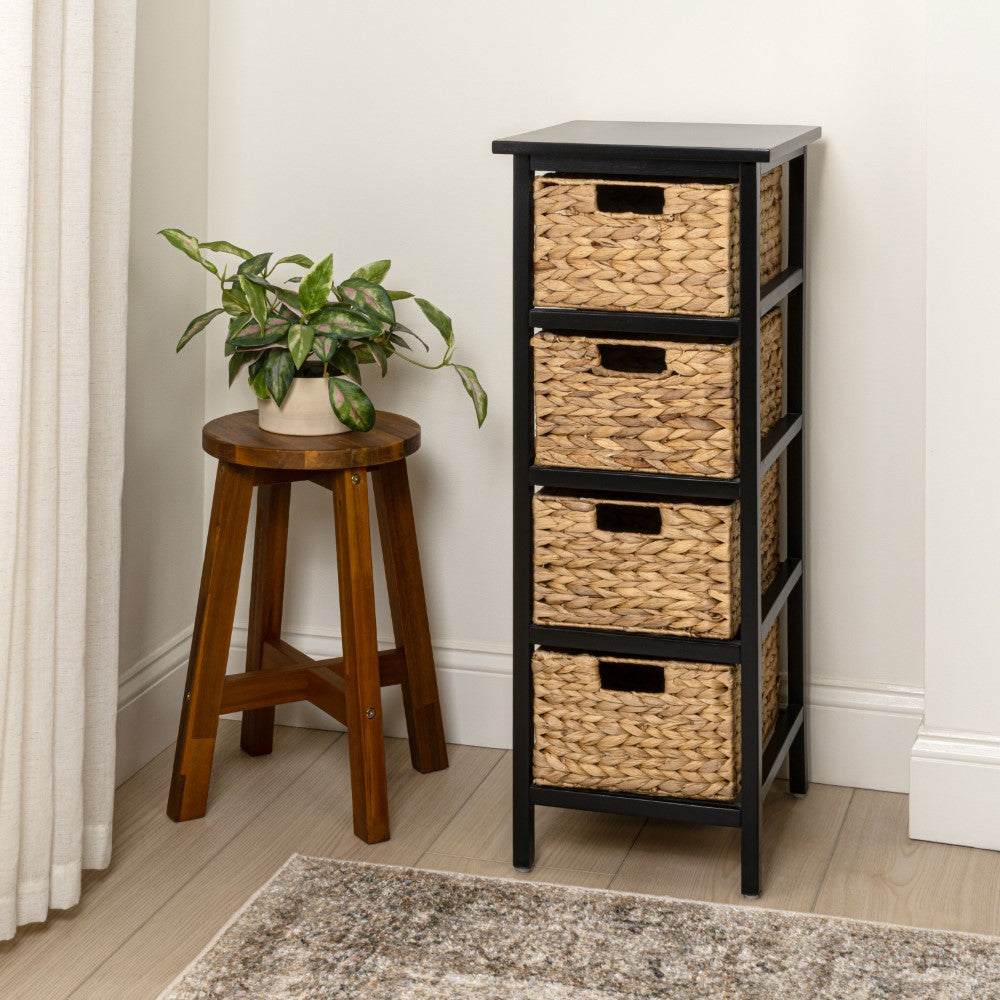 Lindenra 33.5 in. H Coastal Bohemian Handcrafted Acacia Wood 4-Tier Storage Cabinet with 4 Water Hyacinth Woven Baskets
