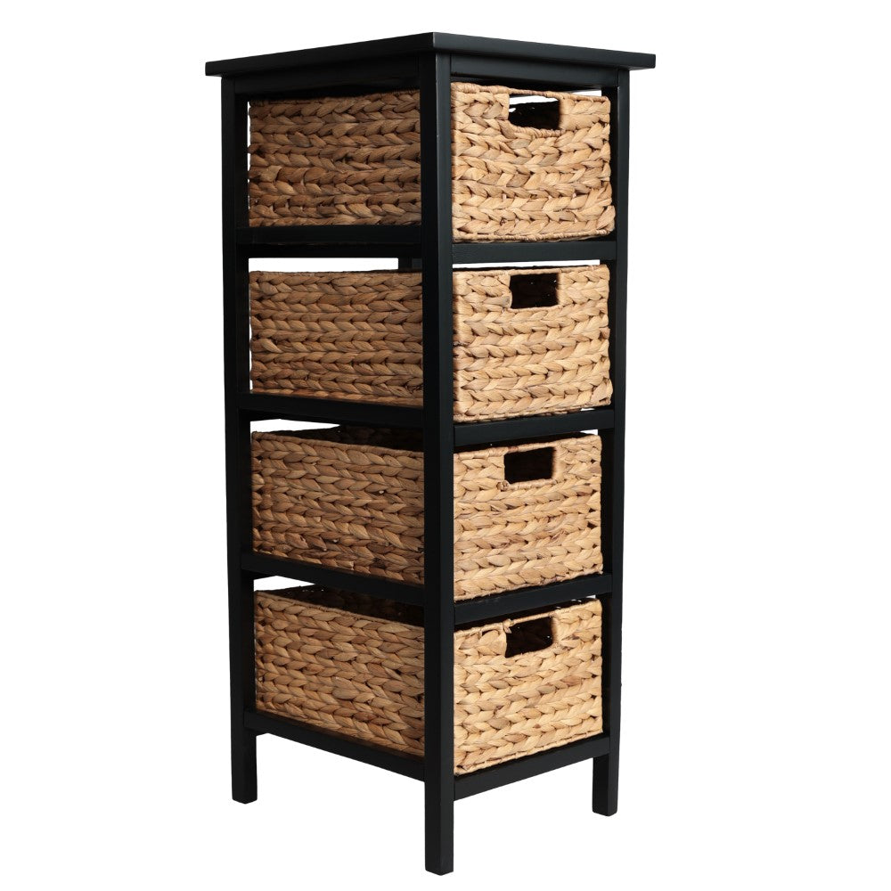 Lindenra 33.5 in. H Coastal Bohemian Handcrafted Acacia Wood 4-Tier Storage Cabinet with 4 Water Hyacinth Woven Baskets