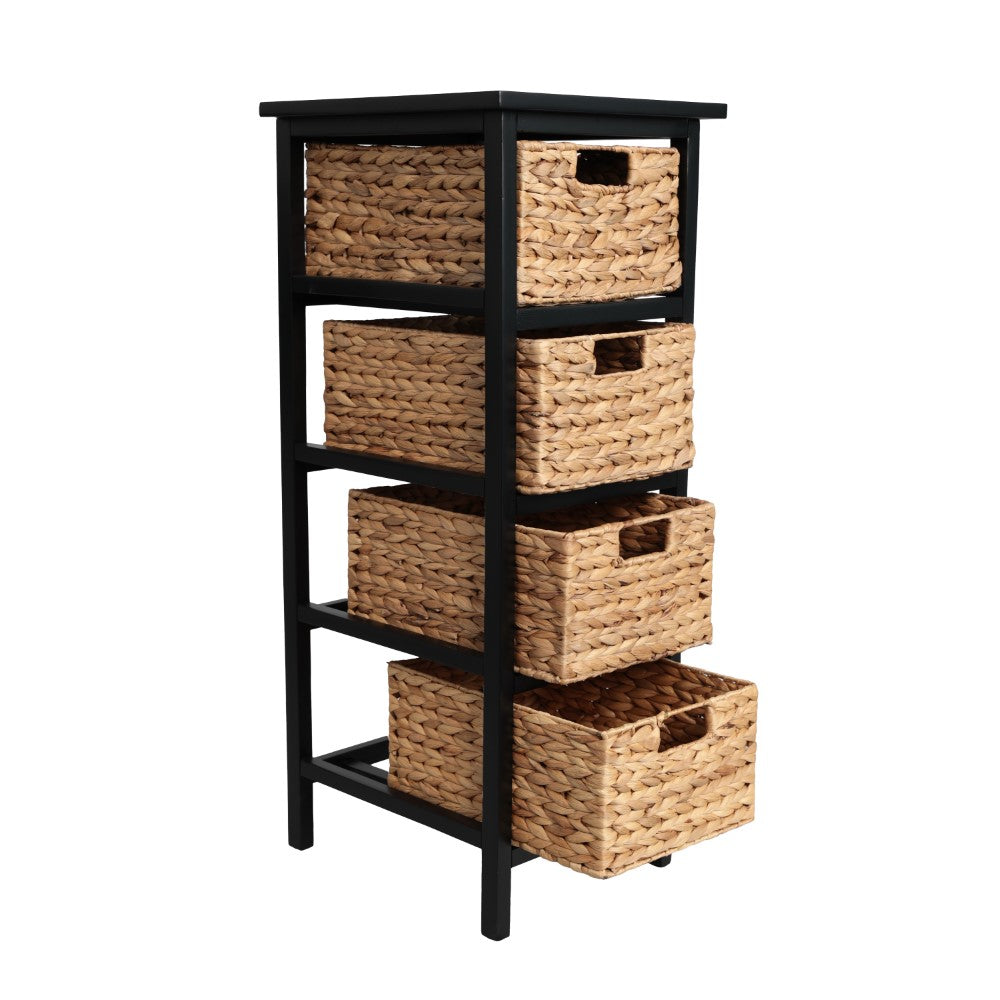 Lindenra 33.5 in. H Coastal Bohemian Handcrafted Acacia Wood 4-Tier Storage Cabinet with 4 Water Hyacinth Woven Baskets