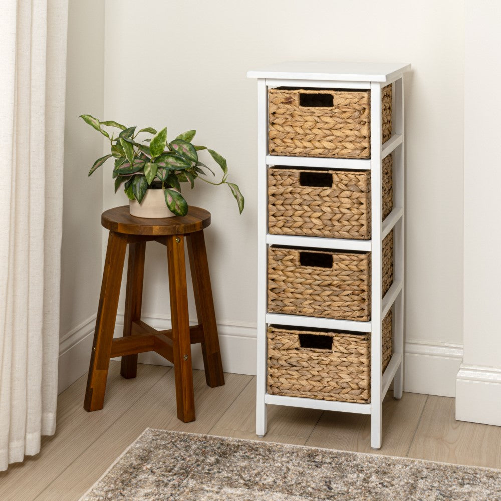 Lindenra 33.5 in. H Coastal Bohemian Handcrafted Acacia Wood 4-Tier Storage Cabinet with 4 Water Hyacinth Woven Baskets