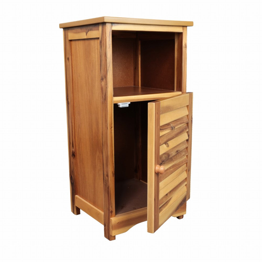 Ravelle 27.5 in. H Handcrafted Acacia Wood Bathroom Freestanding Floor Storage Cabinet with Louvered Door and Open Shelf