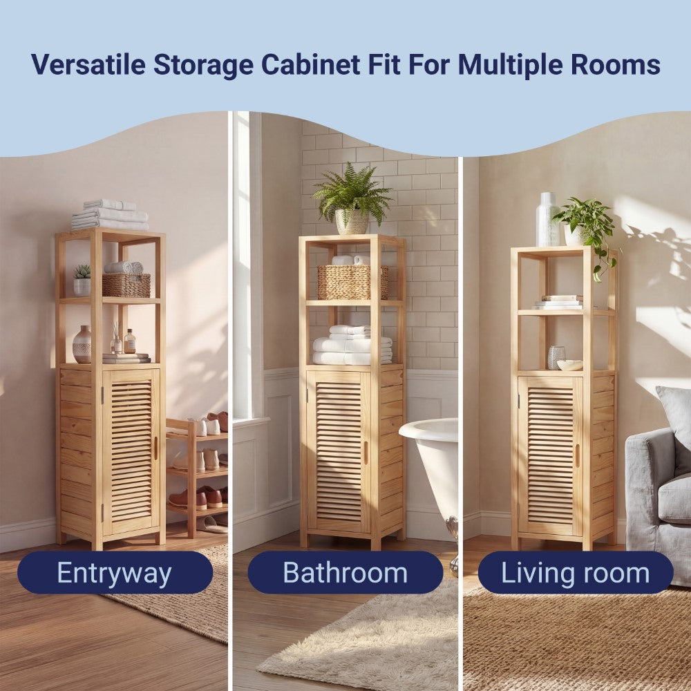 Valea 47 in. H Handcrafted Pine Wood Bathroom Freestanding Floor Storage Cabinet with Louvered Door and 3-Tier Open Shelves