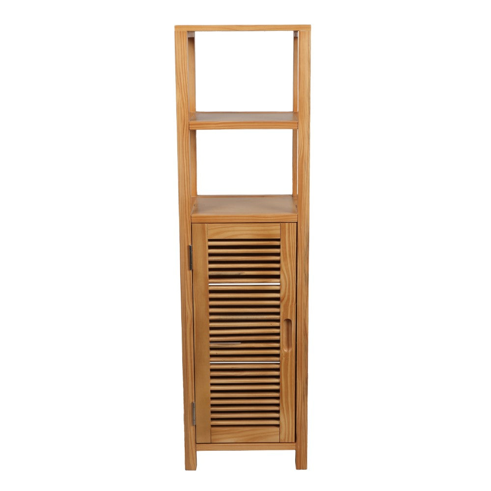 Valea 47 in. H Handcrafted Pine Wood Bathroom Freestanding Floor Storage Cabinet with Louvered Door and 3-Tier Open Shelves