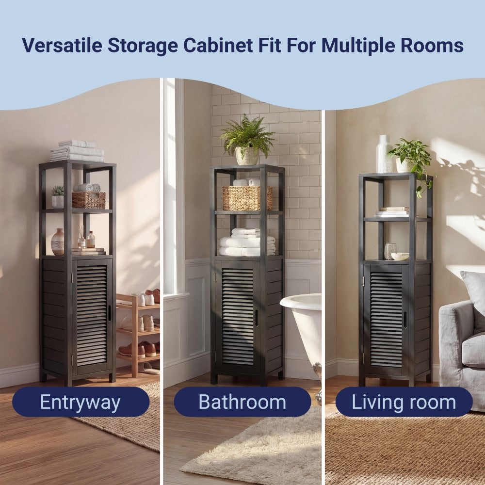 Valea 47 in. H Handcrafted Pine Wood Bathroom Freestanding Floor Storage Cabinet with Louvered Door and 3-Tier Open Shelves