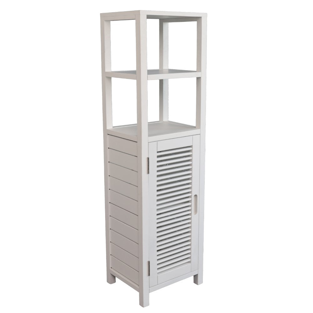 Valea 47 in. H Handcrafted Pine Wood Bathroom Freestanding Floor Storage Cabinet with Louvered Door and 3-Tier Open Shelves
