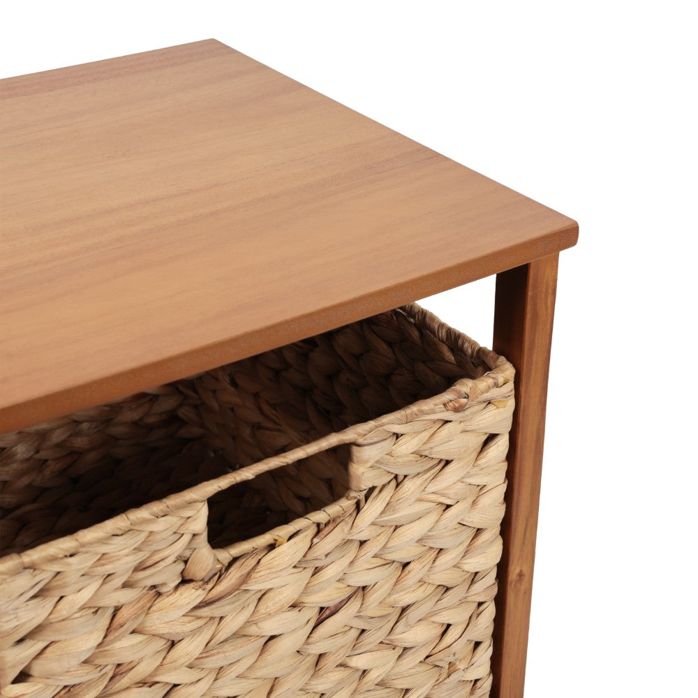 Hillora 24 in. H Coastal Bohemian Handcrafted Acacia Wood 2-Tier Storage Cabinet with 2 Water Hyacinth Woven Baskets