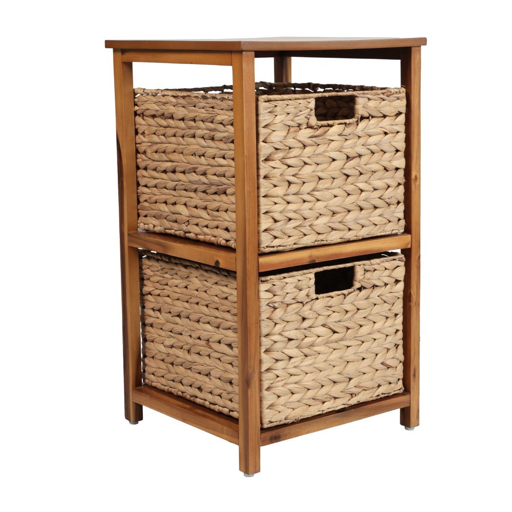 Hillora 24 in. H Coastal Bohemian Handcrafted Acacia Wood 2-Tier Storage Cabinet with 2 Water Hyacinth Woven Baskets