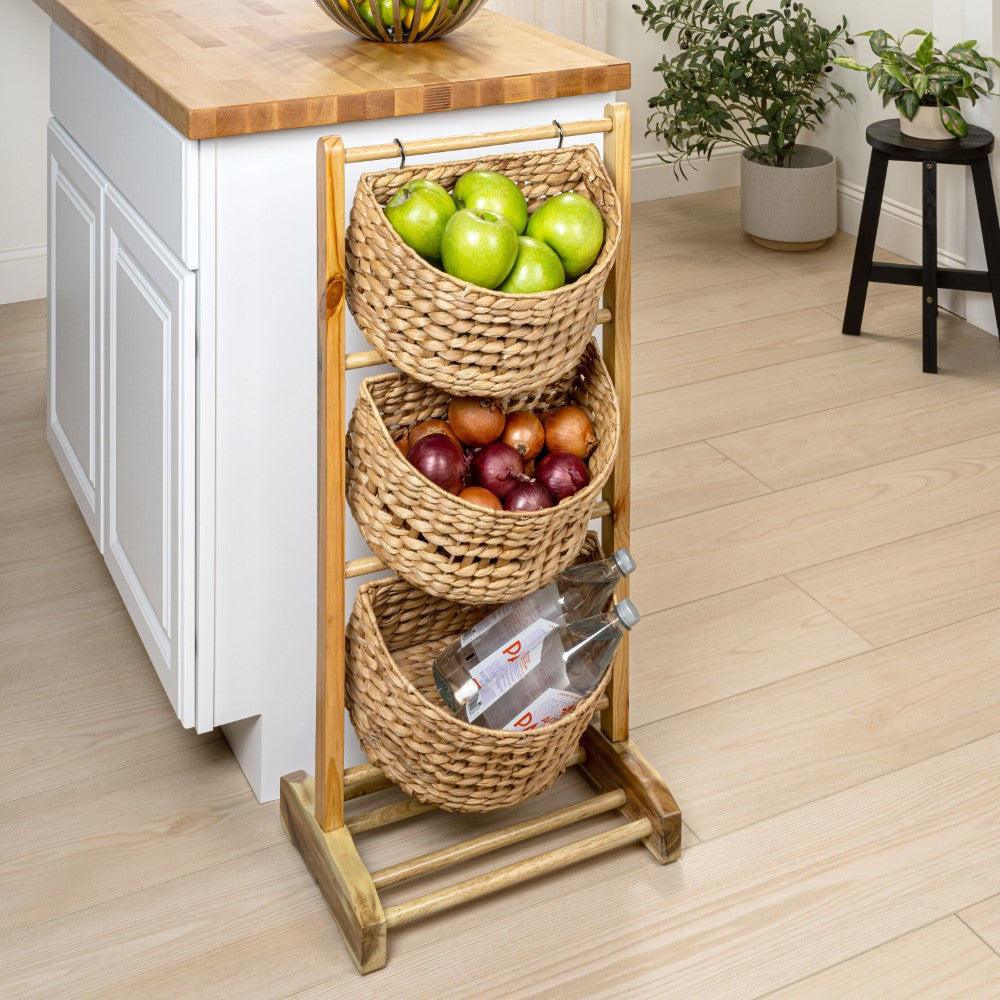 Veluna 35.5 in. H Handcrafted Pine Wood 3-Tier Floor Stand with Water Hyacinth Baskets Storage Rack