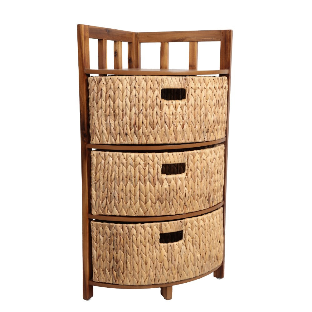 Lumora 34 in. H Handcrafted Acacia Wood 3-Tier Corner Storage Cabinet with 3 Water Hyacinth Baskets