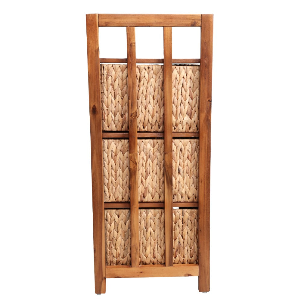 Lumora 34 in. H Handcrafted Acacia Wood 3-Tier Corner Storage Cabinet with 3 Water Hyacinth Baskets