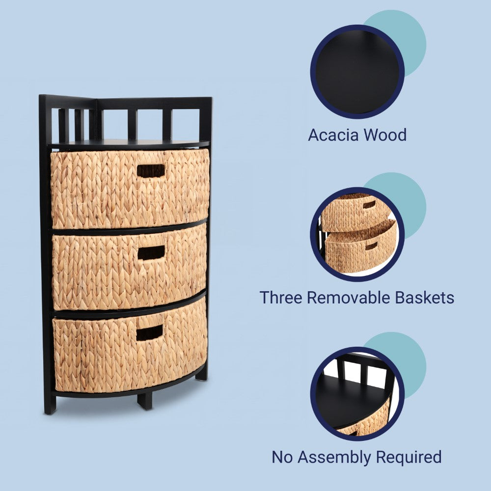 Lumora 34 in. H Handcrafted Acacia Wood 3-Tier Corner Storage Cabinet with 3 Water Hyacinth Baskets