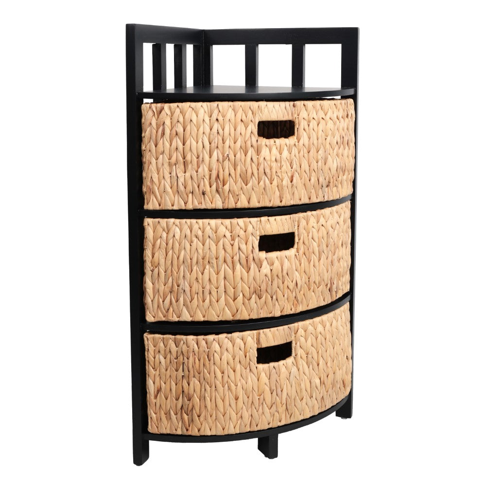 Lumora 34 in. H Handcrafted Acacia Wood 3-Tier Corner Storage Cabinet with 3 Water Hyacinth Baskets