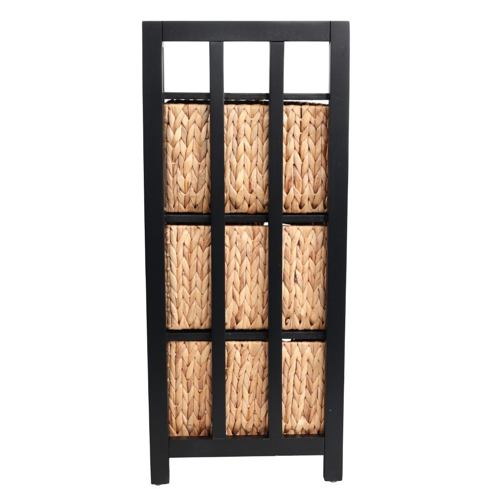 Lumora 34 in. H Handcrafted Acacia Wood 3-Tier Corner Storage Cabinet with 3 Water Hyacinth Baskets