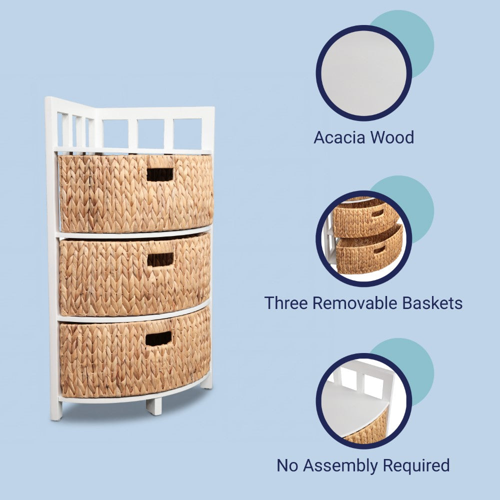 Lumora 34 in. H Handcrafted Acacia Wood 3-Tier Corner Storage Cabinet with 3 Water Hyacinth Baskets