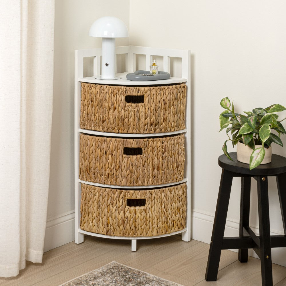 Lumora 34 in. H Handcrafted Acacia Wood 3-Tier Corner Storage Cabinet with 3 Water Hyacinth Baskets