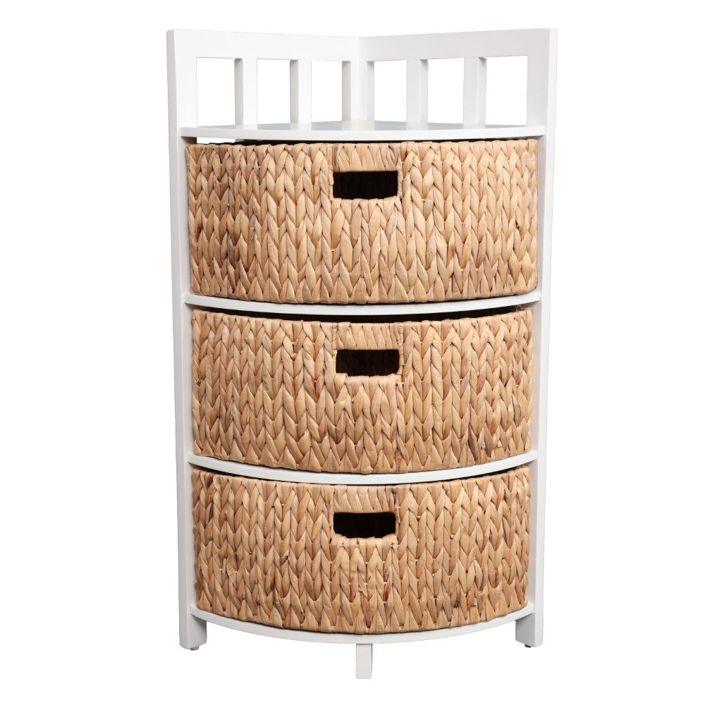 Lumora 34 in. H Handcrafted Acacia Wood 3-Tier Corner Storage Cabinet with 3 Water Hyacinth Baskets