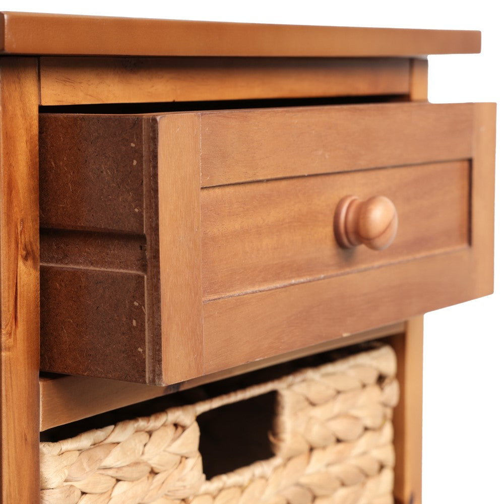 Malibu 26 in. H Rustic Handcrafted Acacia Wood Accent Storage Nightstand with Drawer and 2 Water Hyacinth Woven Baskets