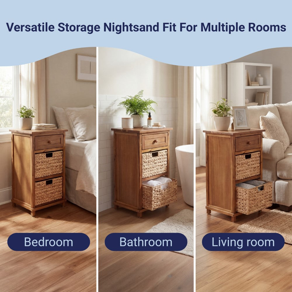 Malibu 26 in. H Rustic Handcrafted Acacia Wood Accent Storage Nightstand with Drawer and 2 Water Hyacinth Woven Baskets