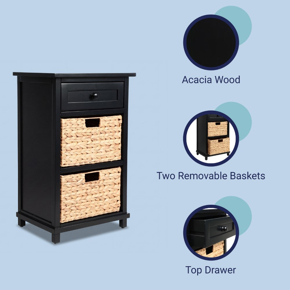 Malibu 26 in. H Rustic Handcrafted Acacia Wood Accent Storage Nightstand with Drawer and 2 Water Hyacinth Woven Baskets