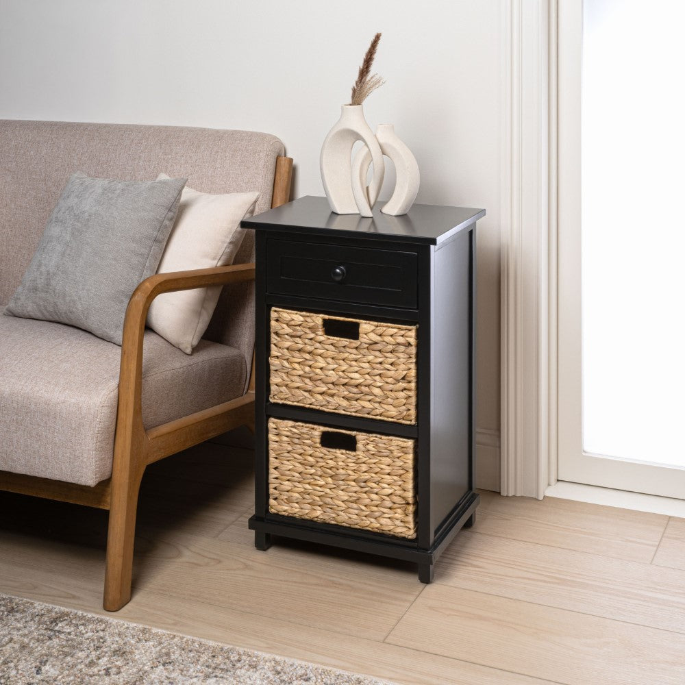 Malibu 26 in. H Rustic Handcrafted Acacia Wood Accent Storage Nightstand with Drawer and 2 Water Hyacinth Woven Baskets
