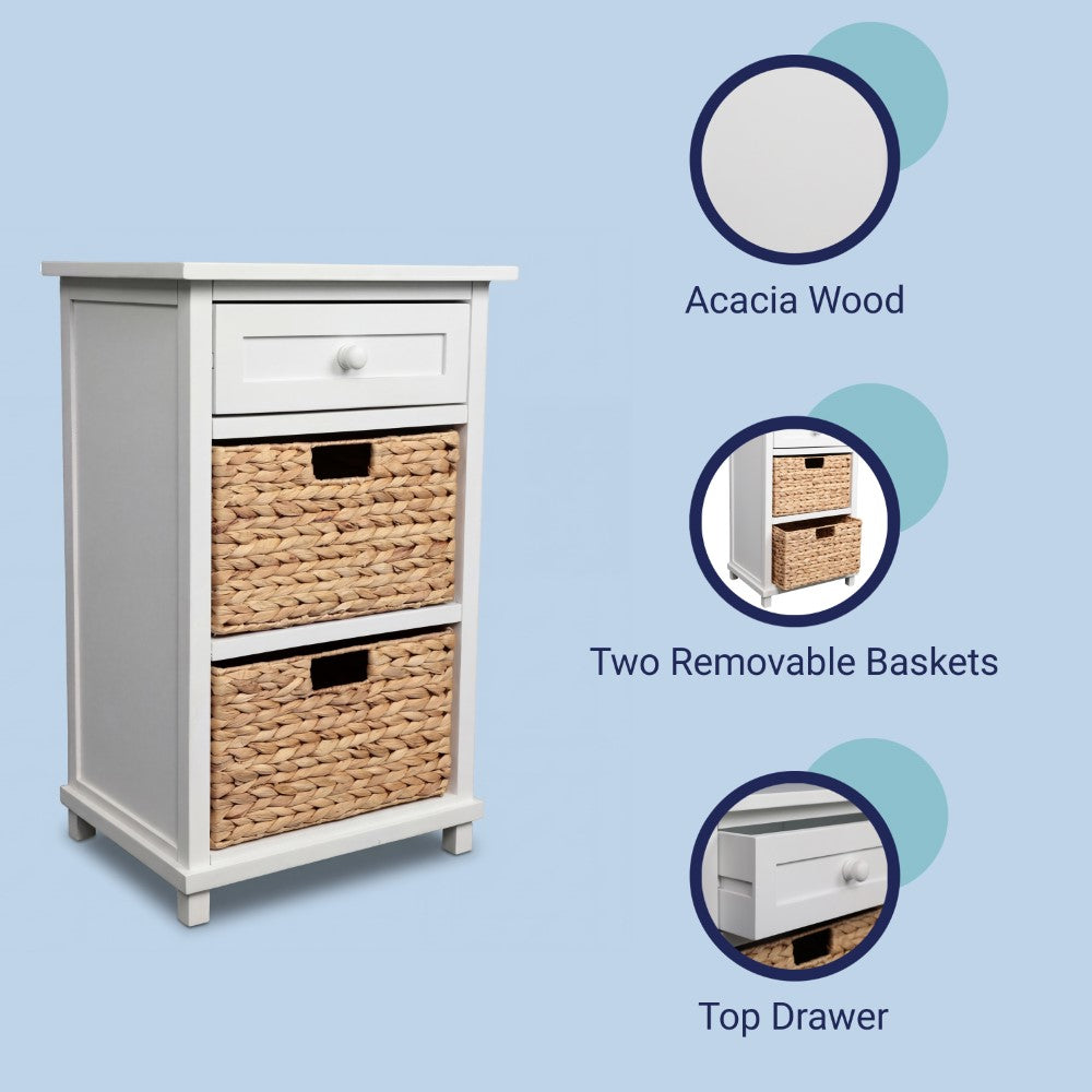 Malibu 26 in. H Rustic Handcrafted Acacia Wood Accent Storage Nightstand with Drawer and 2 Water Hyacinth Woven Baskets